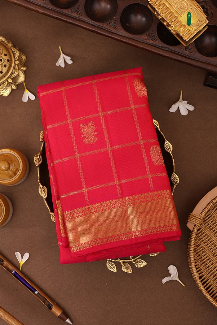 Kanchipuram Silk Saree In Rose WithTomato Belthar Kattam Putta saree