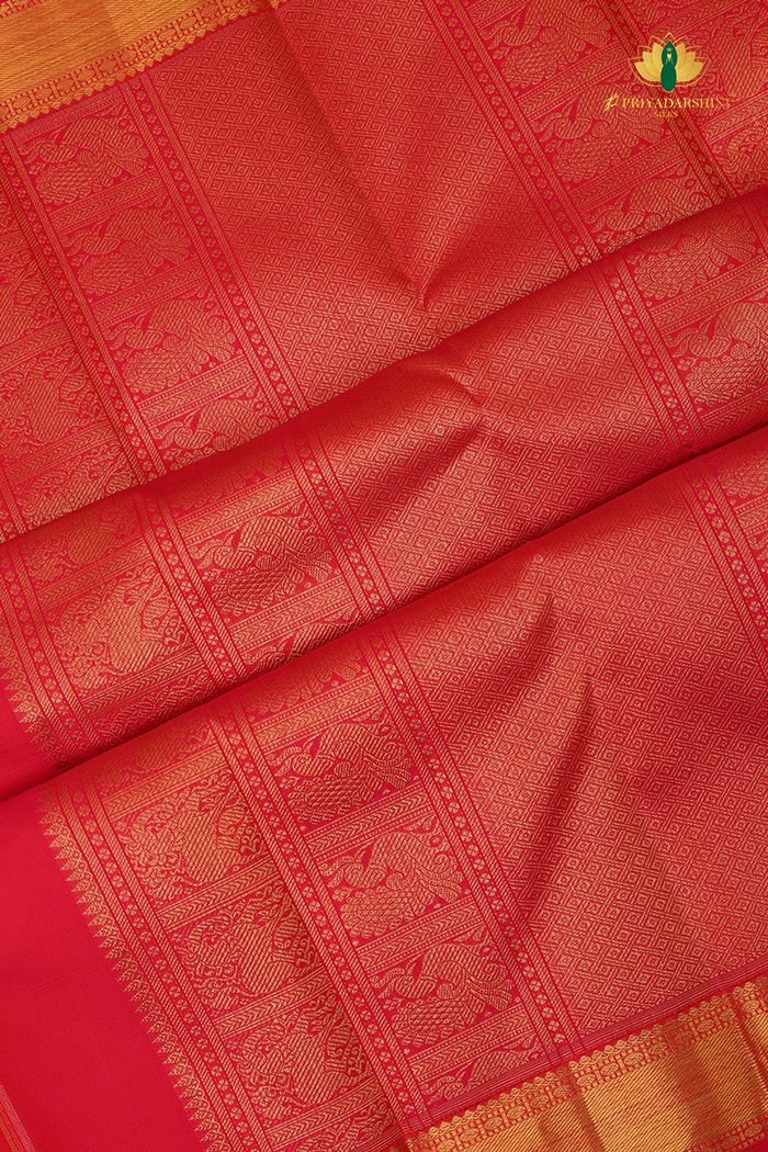 Kanchipuram Silk Saree In Rose WithTomato Belthar Kattam Putta saree