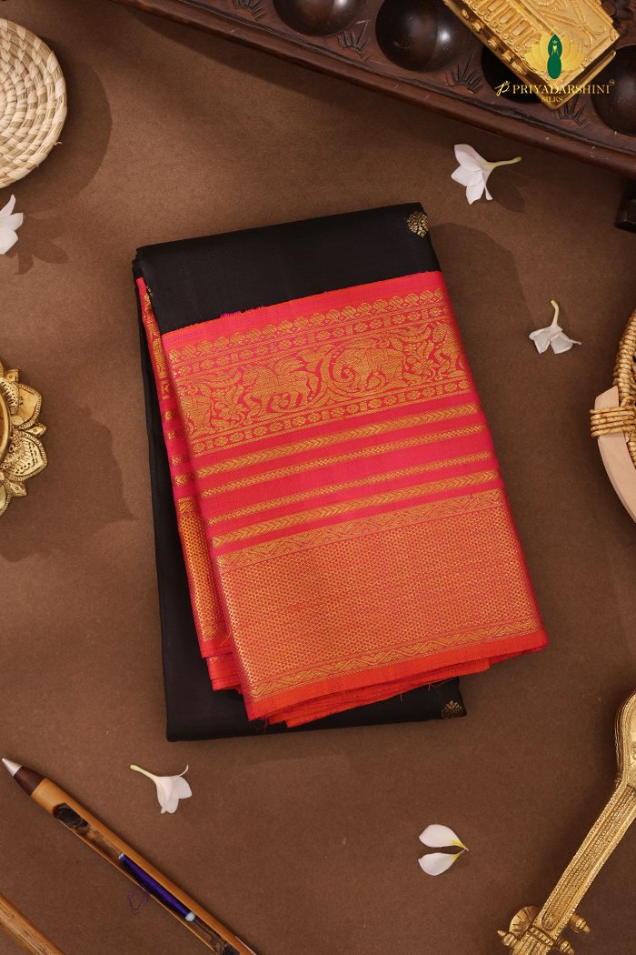 Kanchipuram Silk Stunning Black With Gold Zari Work Border