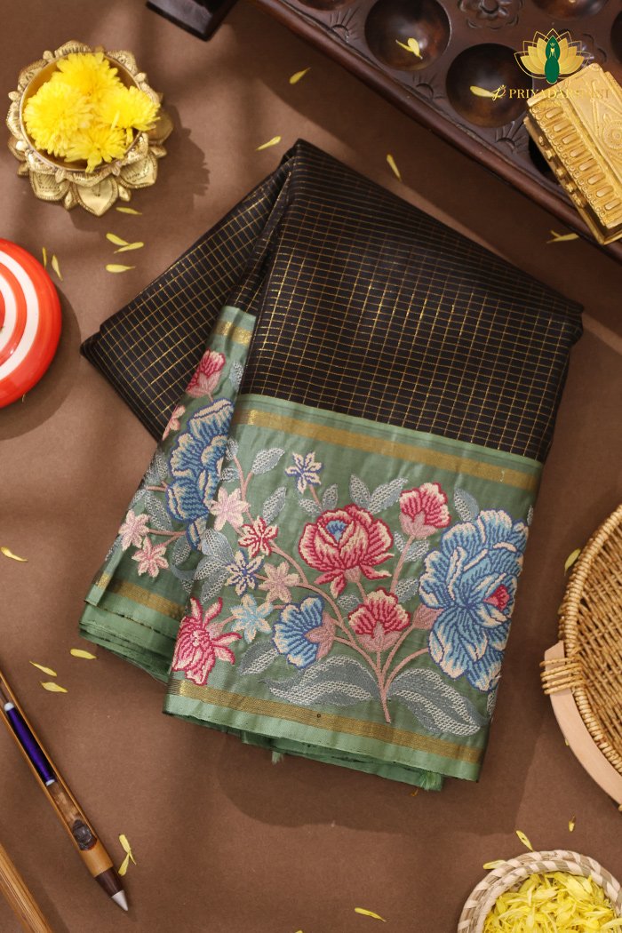 Kanchipuram Silk In Black Checks With Embroidery Border