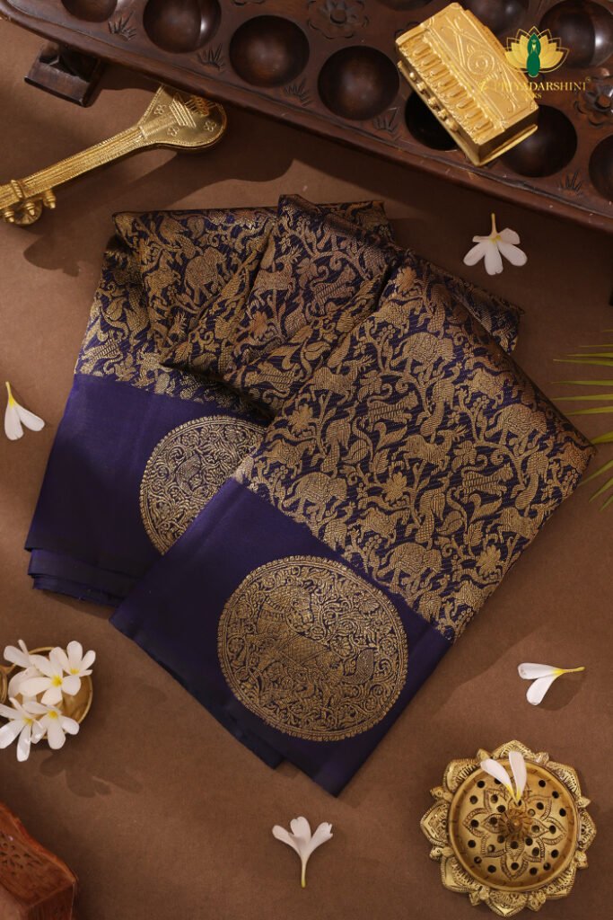 Kanchipuram Silk In Dark Blue With Vanasingaram Zari Work