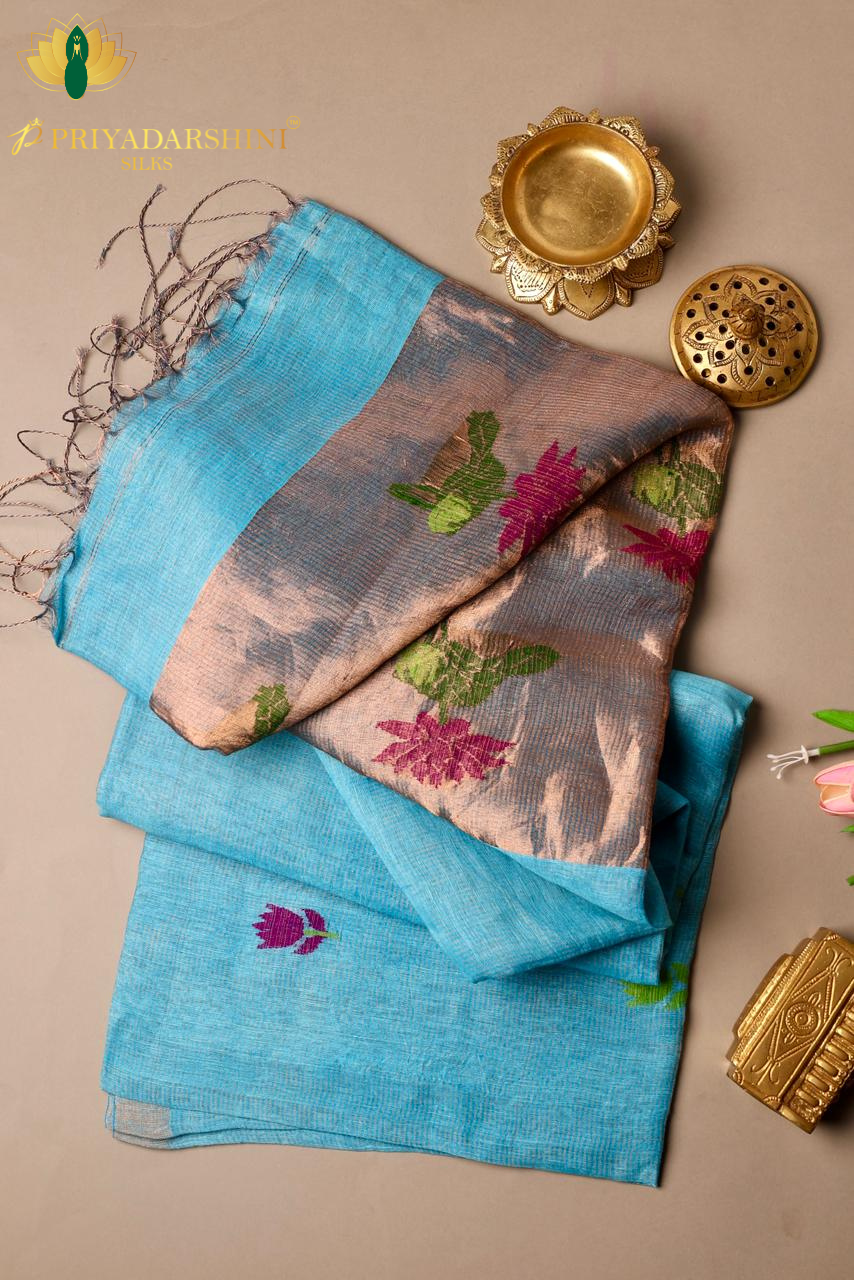 Linen Saree In Sky Blue With Meenakari Work