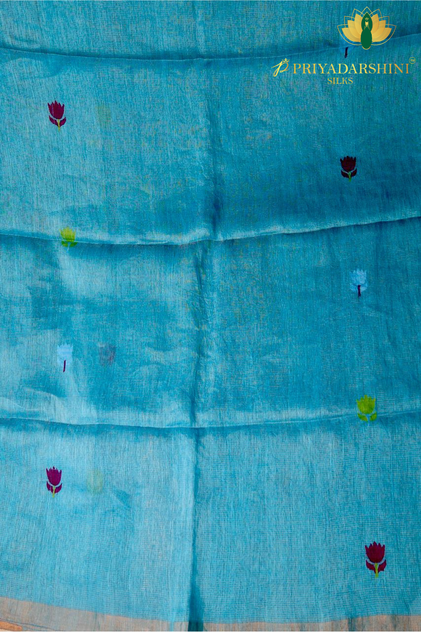 Linen Saree In Sky Blue With Meenakari Work