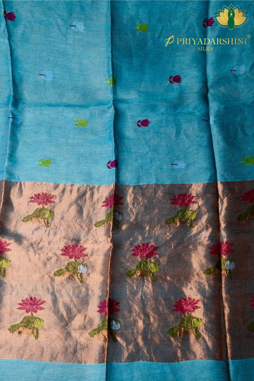 Linen Saree In Sky Blue With Meenakari Work