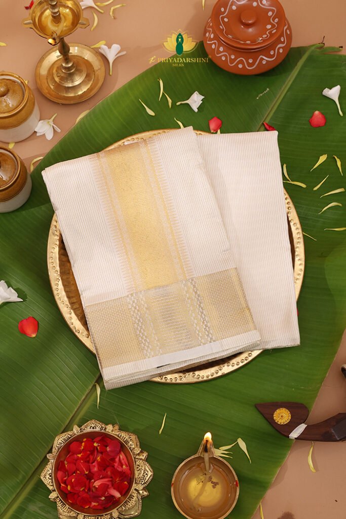 Zari Border White Silk Dhoti With Shirt Material