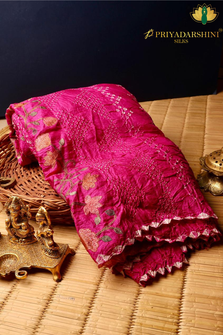 Bandhani Silk Saree In Pink With Embroidery Design