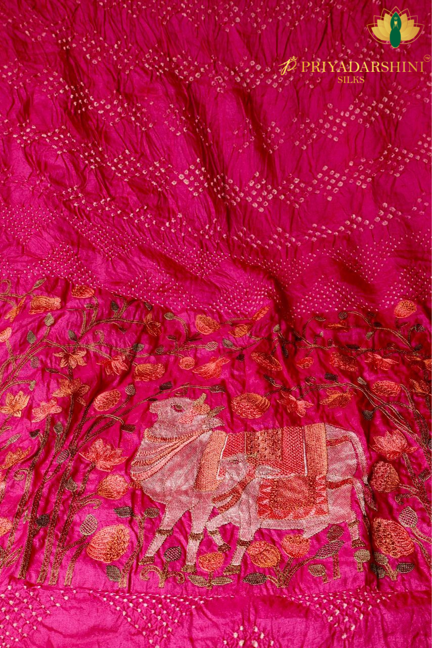 Bandhani Silk Saree In Pink With Embroidery Design
