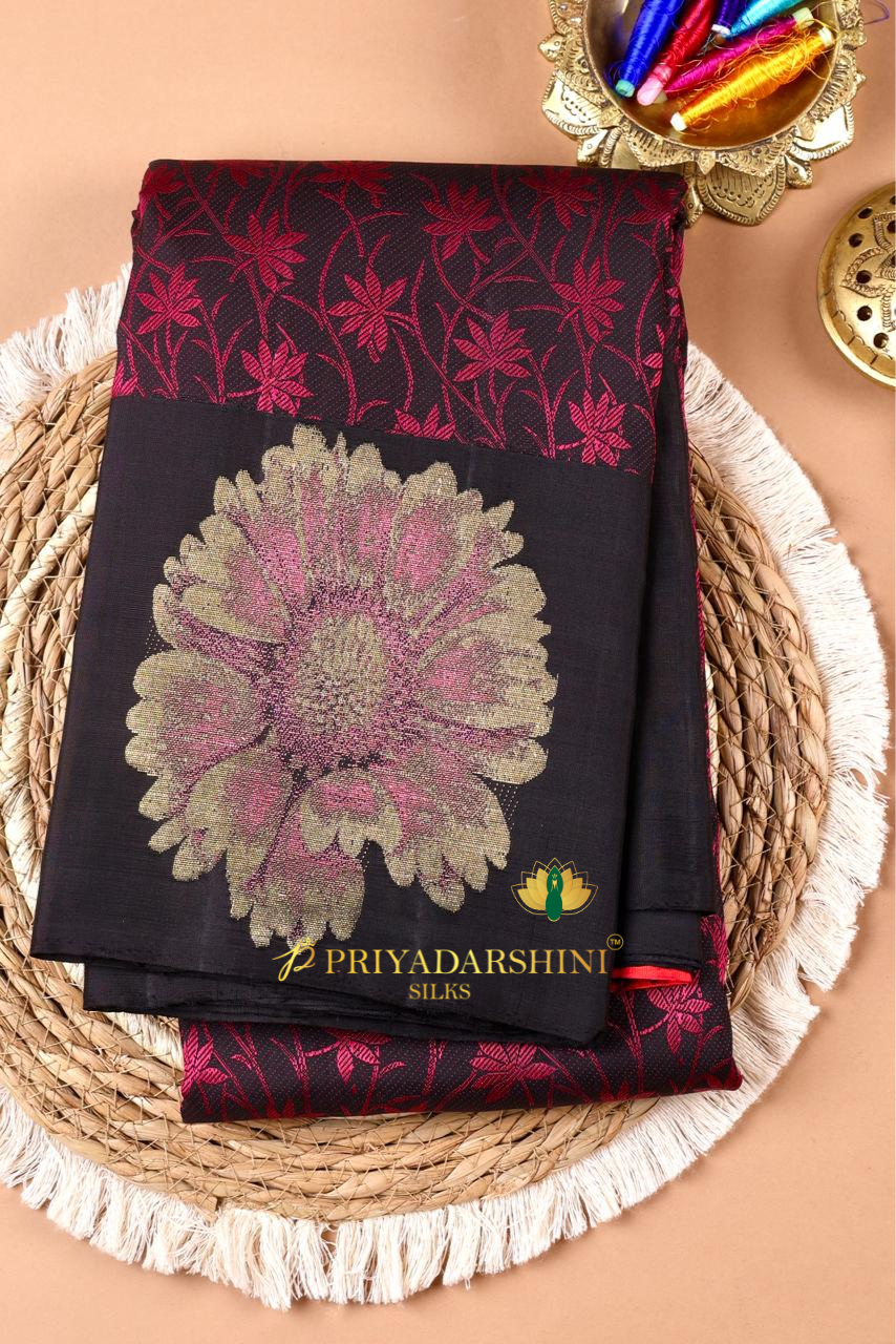 Pure Handloom Kanchivaram Silk Saree Black & Red Floral Designer | Priyadharshini Silks