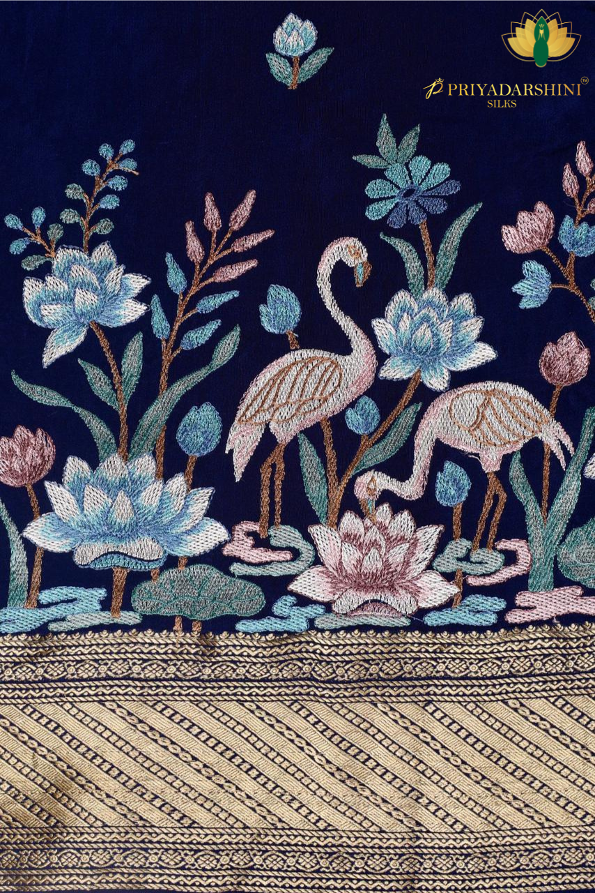 Pure Crepe Silk Saree Navy Blue & Gold Garden Embroidery | Priyadharshini Silks