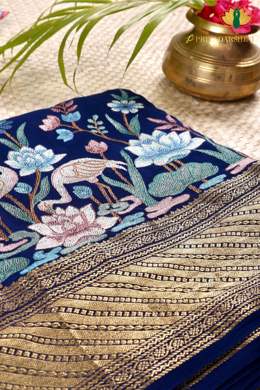 Pure Crepe Silk Saree Navy Blue & Gold Garden Embroidery | Priyadharshini Silks