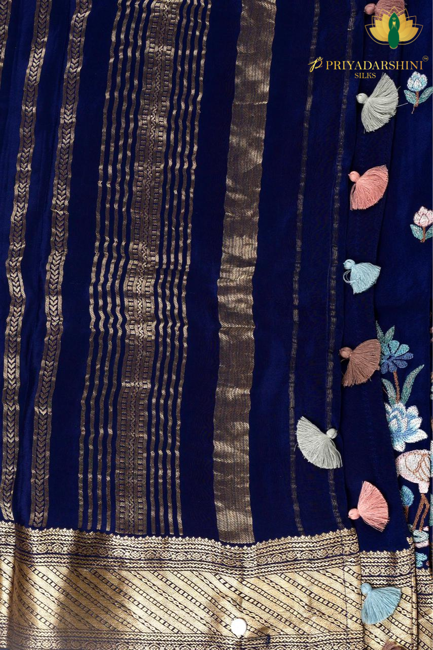 Pure Crepe Silk Saree Navy Blue & Gold Garden Embroidery | Priyadharshini Silks