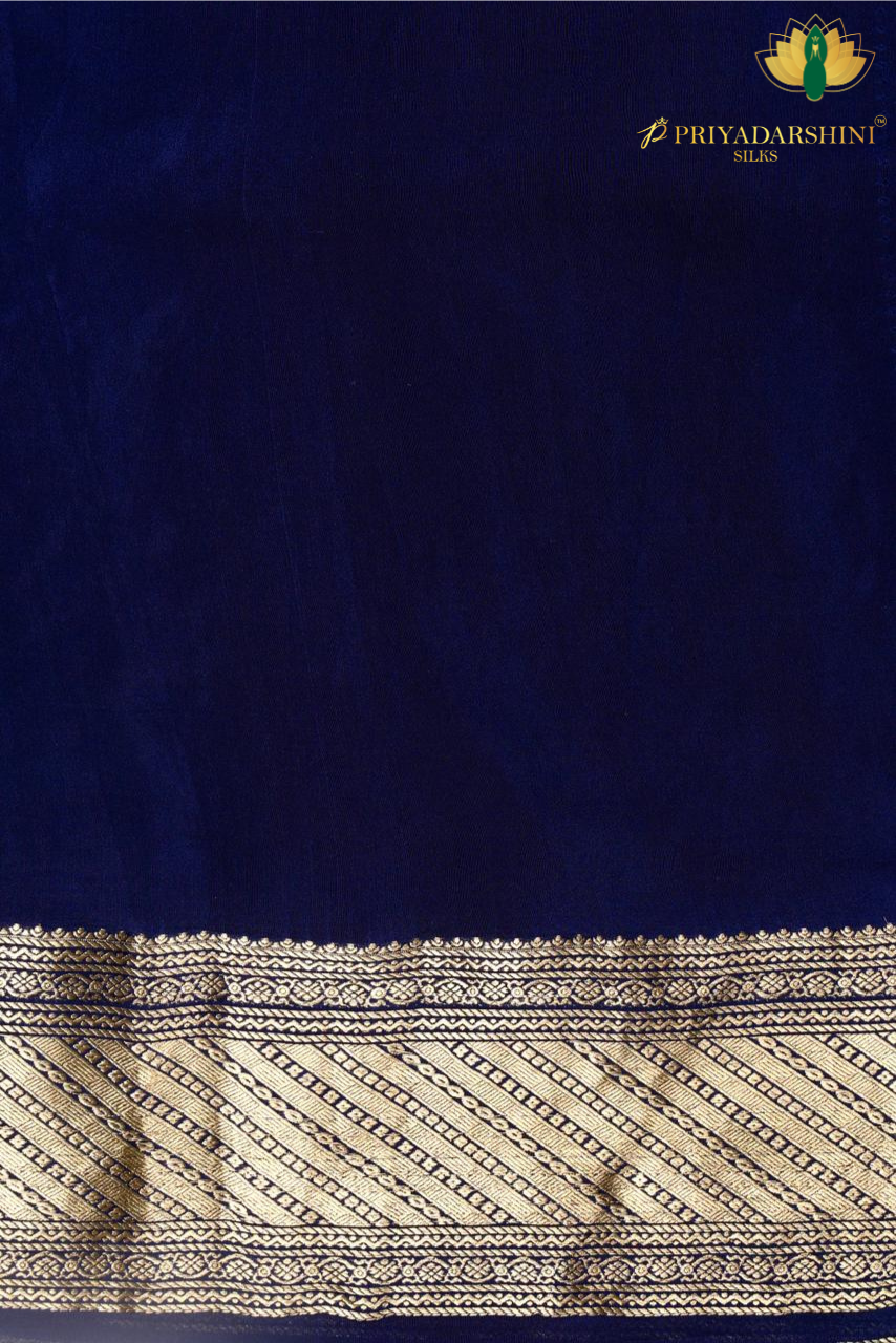 Pure Crepe Silk Saree Navy Blue & Gold Garden Embroidery | Priyadharshini Silks