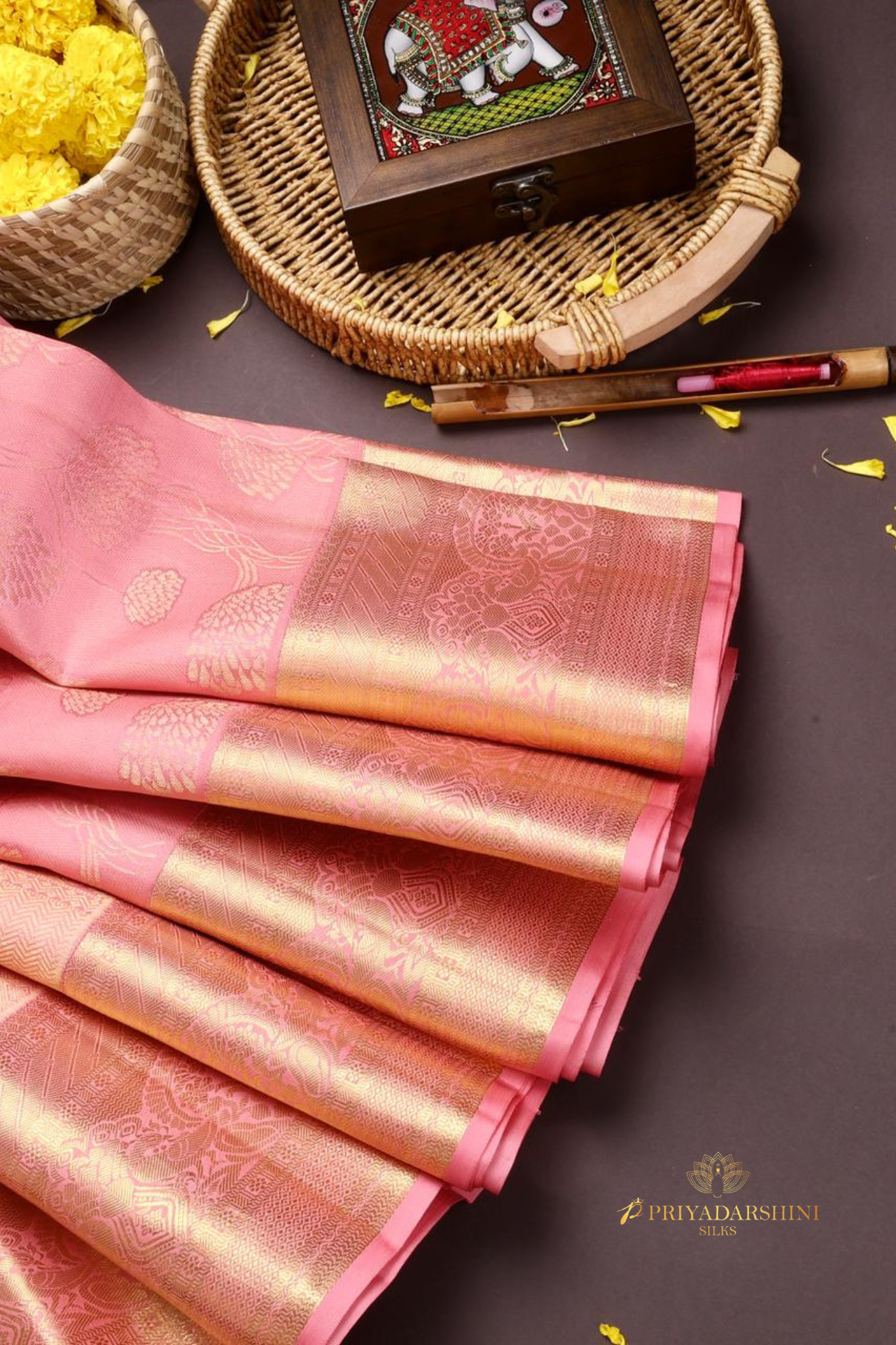Baby Pink Floral Motif Saree with Self Border | Priyadharshini Silks