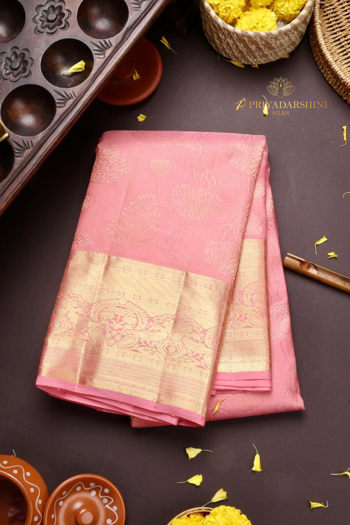 Baby Pink Floral Motif Saree with Self Border | Priyadharshini Silks