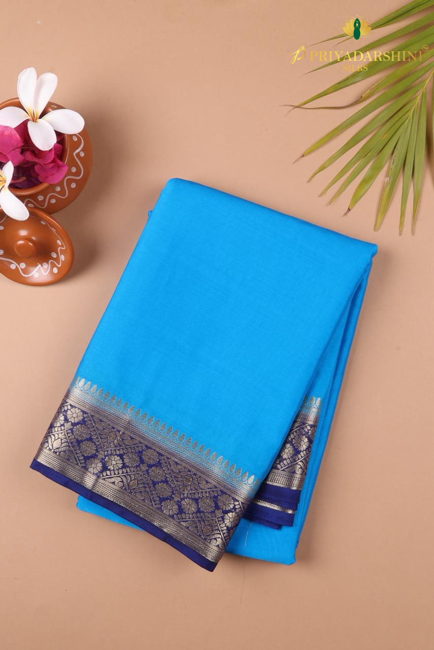 Blue Mysore Silk Saree with Deep Ink Blue Border | Priyadharshini Silks