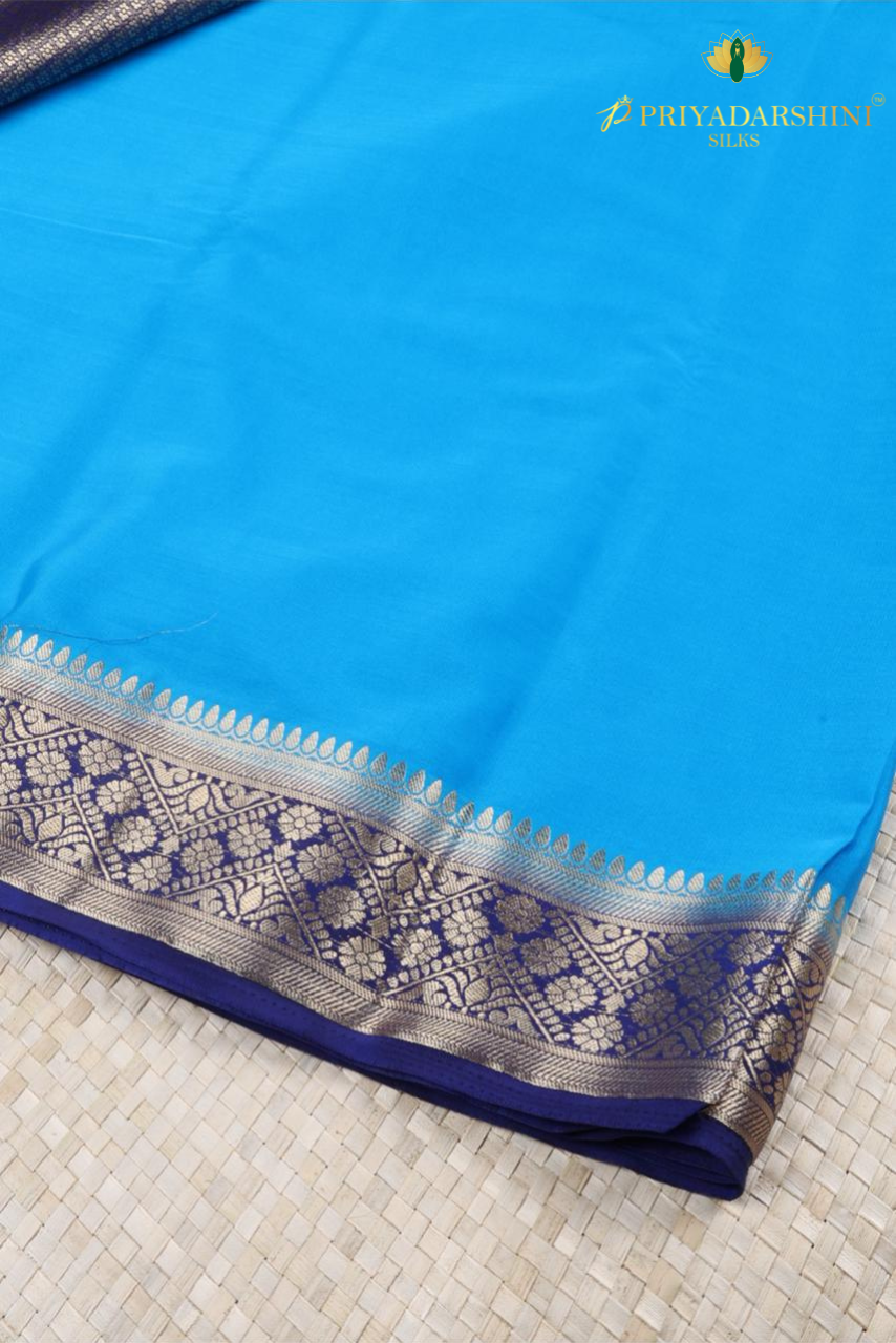 Blue Mysore Silk Saree with Deep Ink Blue Border | Priyadharshini Silks