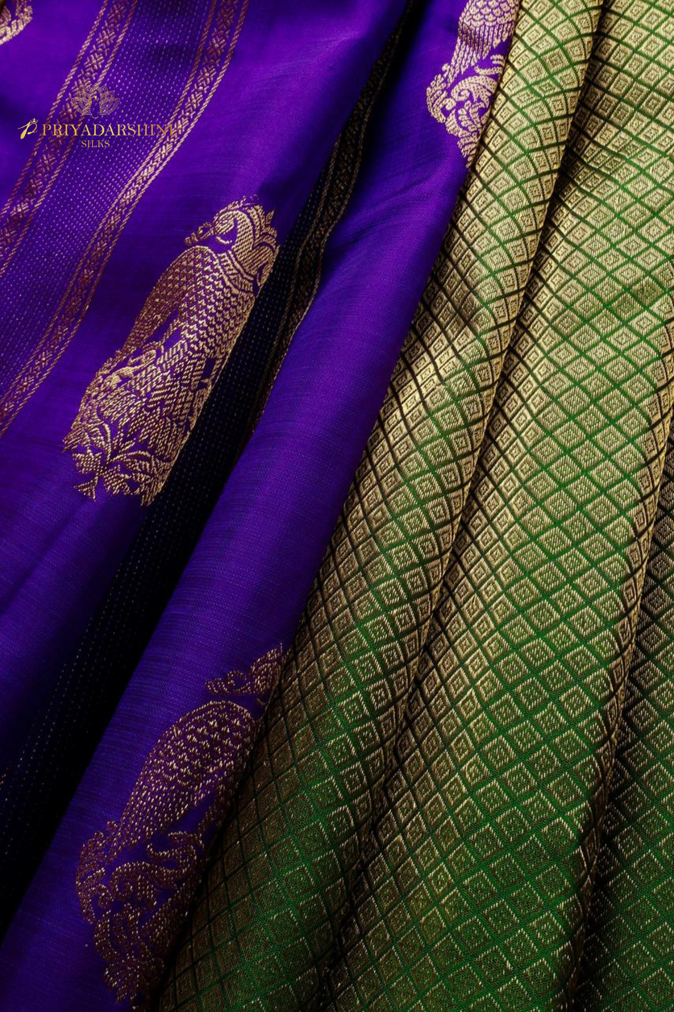 Borderless Purple Silk Saree with Iruthalai Pakshi Zari & Green Pallu | Priyadharshini Silks
