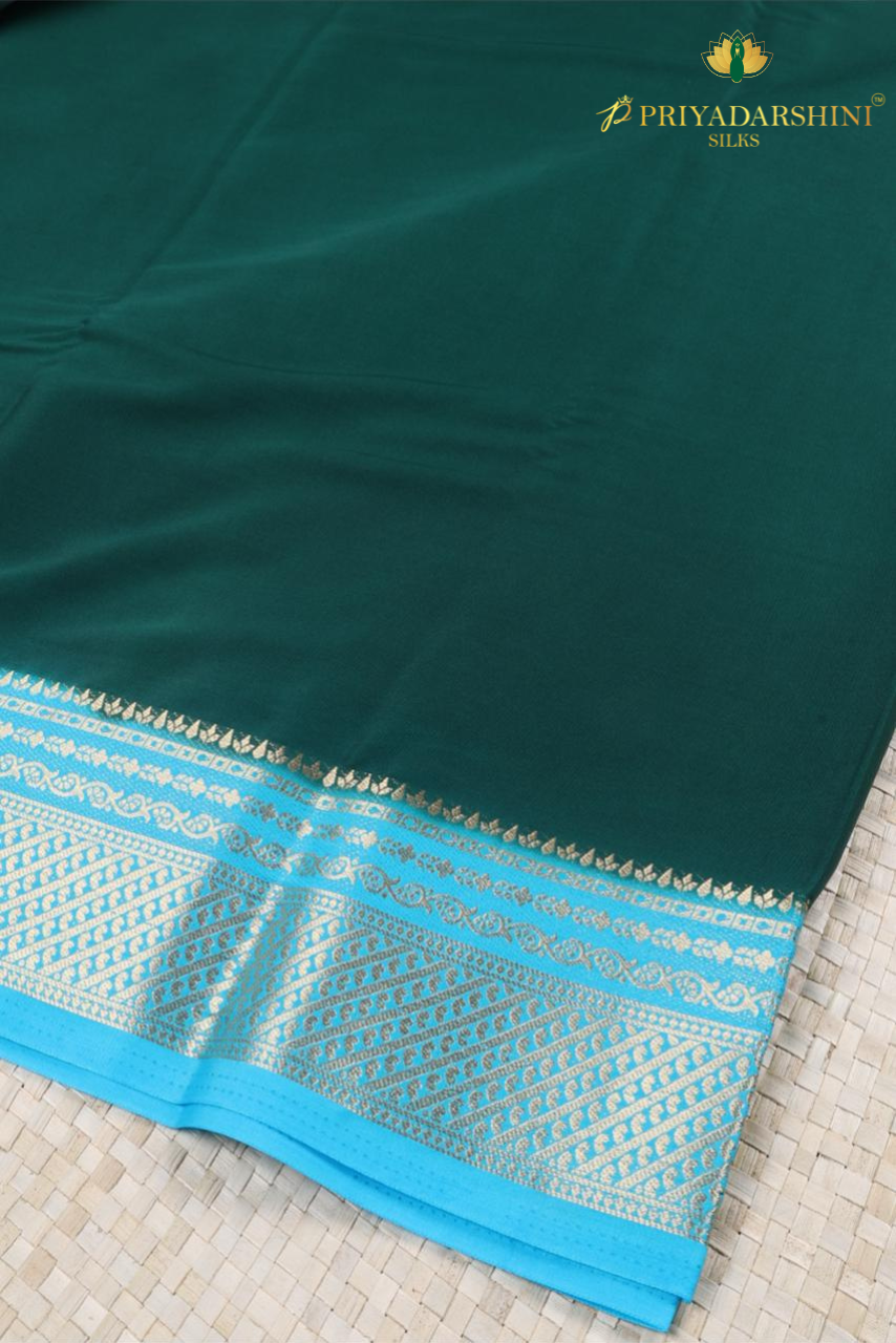 Bottle Green Mysore Silk Saree with Sky Blue Border | Priyadharshini Silks