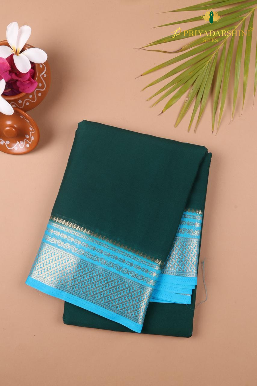 Bottle Green Mysore Silk Saree with Sky Blue Border | Priyadharshini Silks