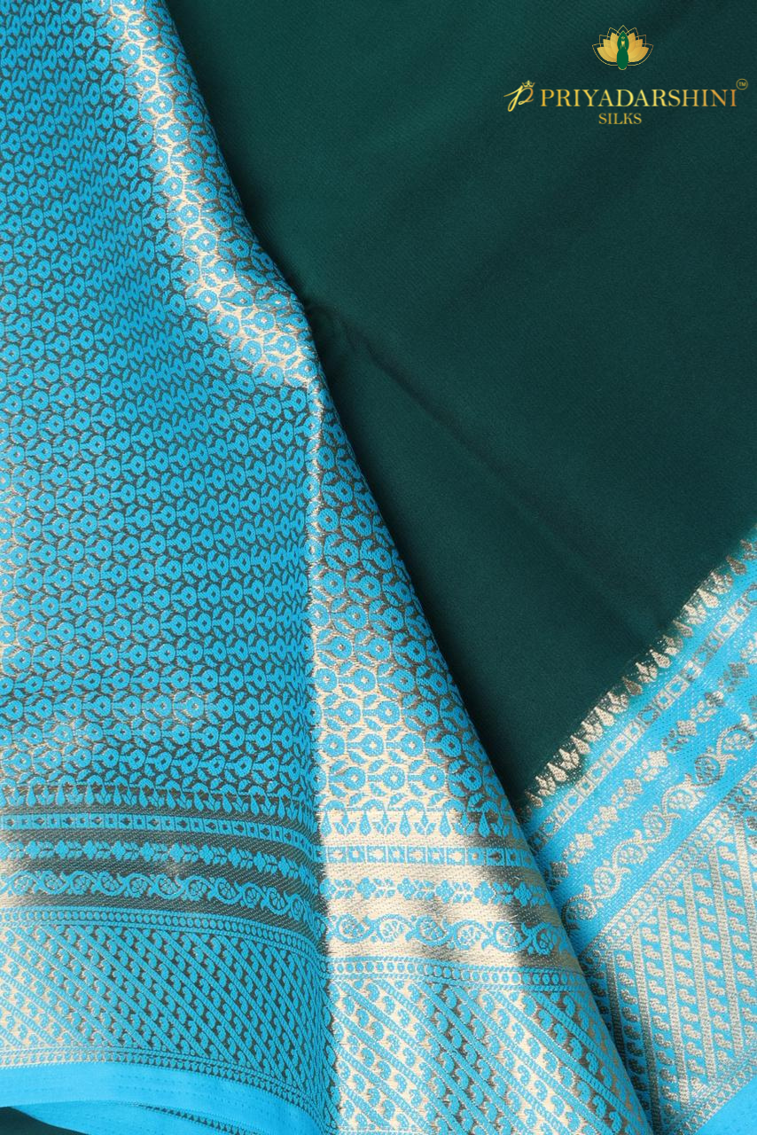 Bottle Green Mysore Silk Saree with Sky Blue Border | Priyadharshini Silks