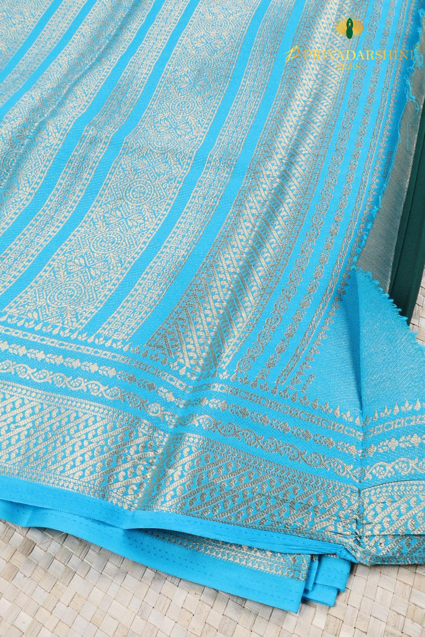 Bottle Green Mysore Silk Saree with Sky Blue Border | Priyadharshini Silks