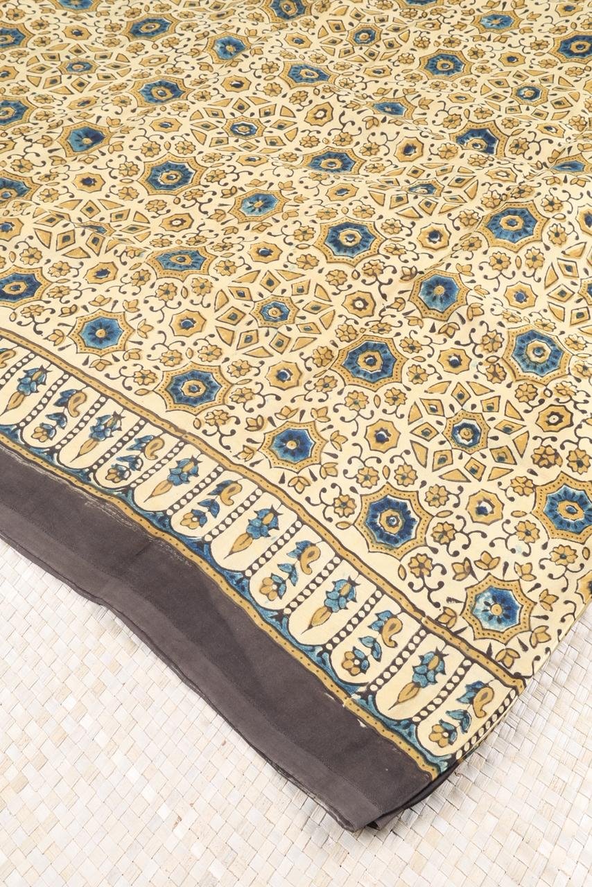 Classic Sandal and Black Ajrakh print saree intricate black Pallak pallu that depicts a detailed palanquin scene for a touch of regal heritage 1