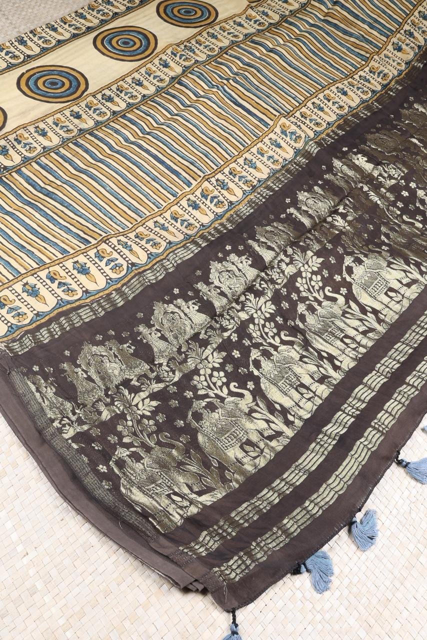 Classic Sandal and Black Ajrakh print saree intricate black Pallak pallu that depicts a detailed palanquin scene for a touch of regal heritage 1