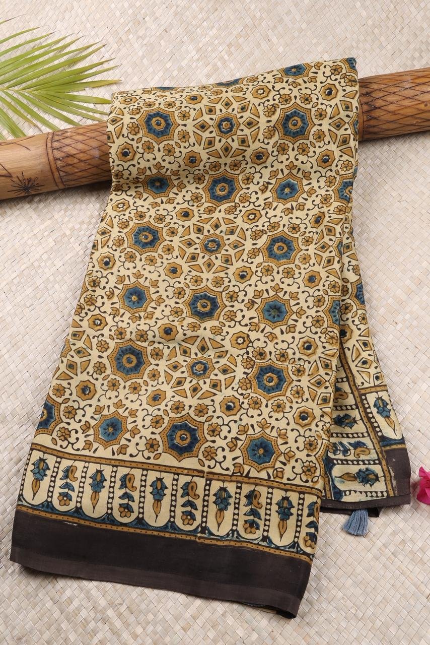 Classic Sandal and Black Ajrakh print saree intricate black Pallak pallu that depicts a detailed palanquin scene for a touch of regal heritage