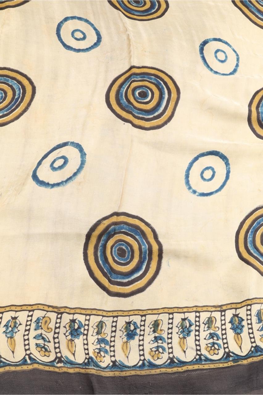 Classic Sandal and Black Ajrakh print saree intricate black Pallak pallu that depicts a detailed palanquin scene for a touch of regal heritage 1