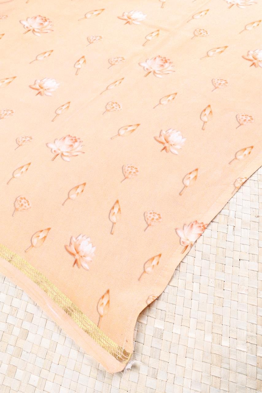 Crepe saree featuring a sleek geometric design, beautifully framed by an intricate, hand-painted style Pichwai-inspired border