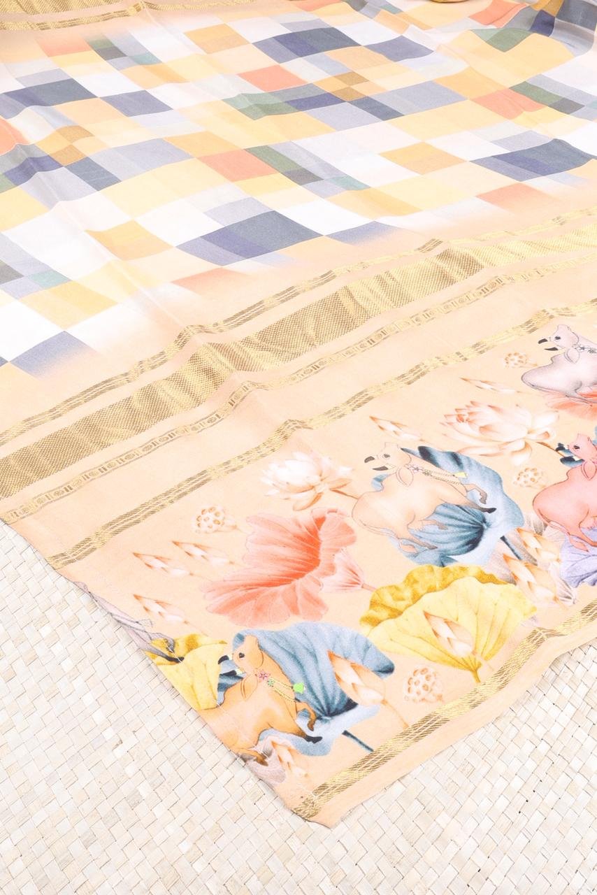 Crepe saree featuring a sleek geometric design, beautifully framed by an intricate, hand-painted style Pichwai-inspired border