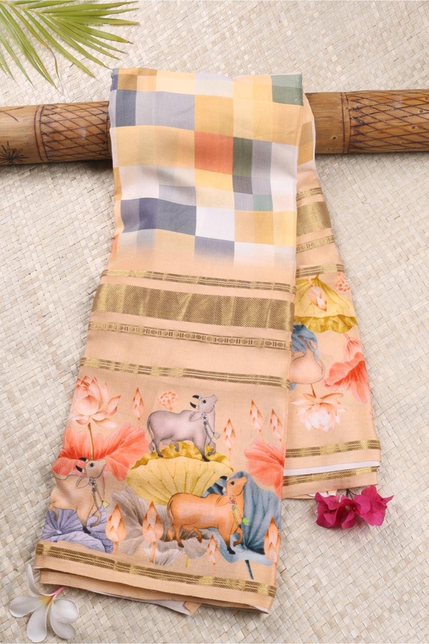Crepe saree featuring a sleek geometric design, beautifully framed by an intricate, hand-painted style Pichwai-inspired border