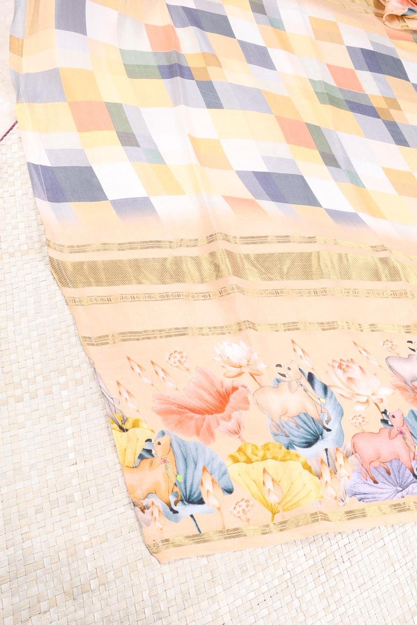 Crepe saree featuring a sleek geometric design, beautifully framed by an intricate, hand-painted style Pichwai-inspired border