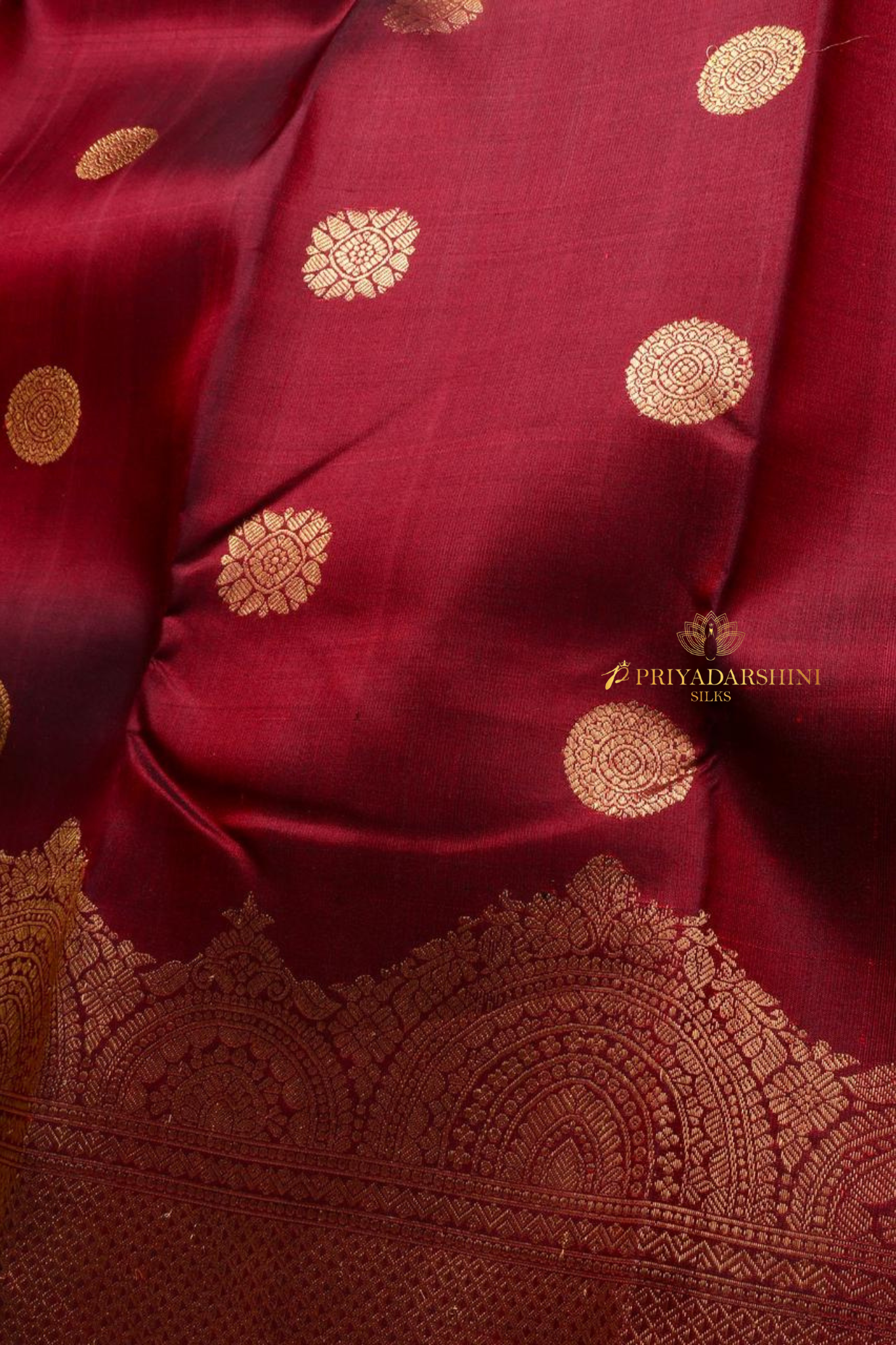Dark Maroon Silk Saree with Golden Coin Buttas & Self-Turning Border | Priyadharshini Silks