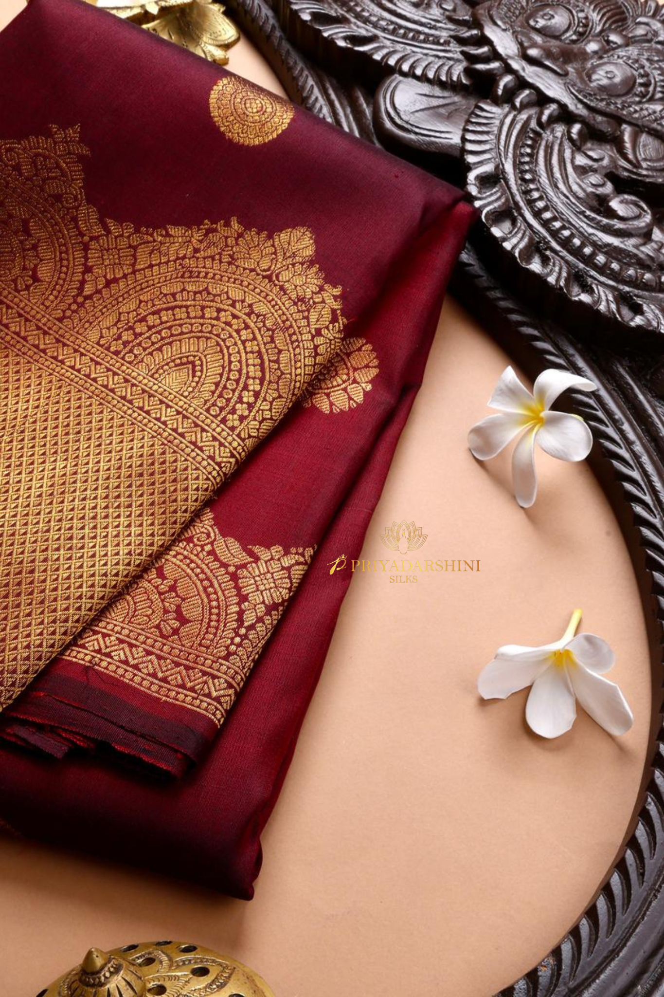 Dark Maroon Silk Saree with Golden Coin Buttas & Self-Turning Border | Priyadharshini Silks