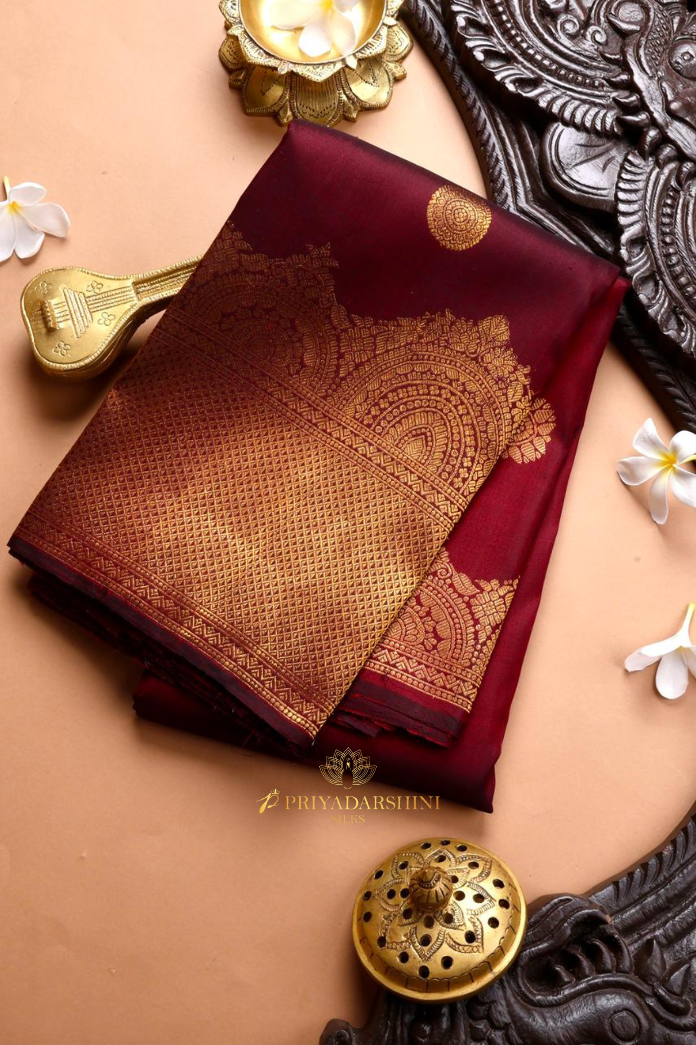 Dark Maroon Silk Saree with Golden Coin Buttas & Self-Turning Border | Priyadharshini Silks