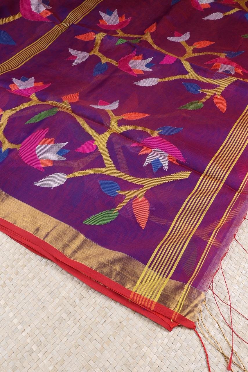 Dark Purple Saree with Jamdhani Weaving and Tissue Zari Border – Elegant Ethnic Wear