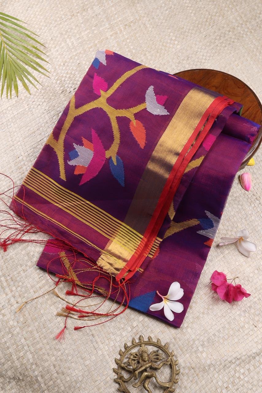 Dark Purple Saree with Jamdhani Weaving and Tissue Zari Border – Elegant Ethnic Wear