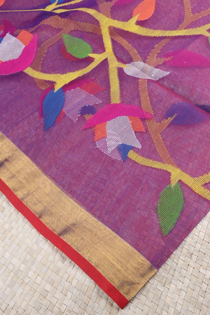 Dark Purple Saree with Jamdhani Weaving and Tissue Zari Border - Image 2