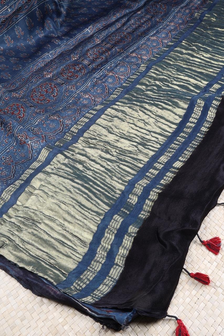 Deep Teal & Charcoal Ajrakh Hand-Block Print Saree with Contrast Border