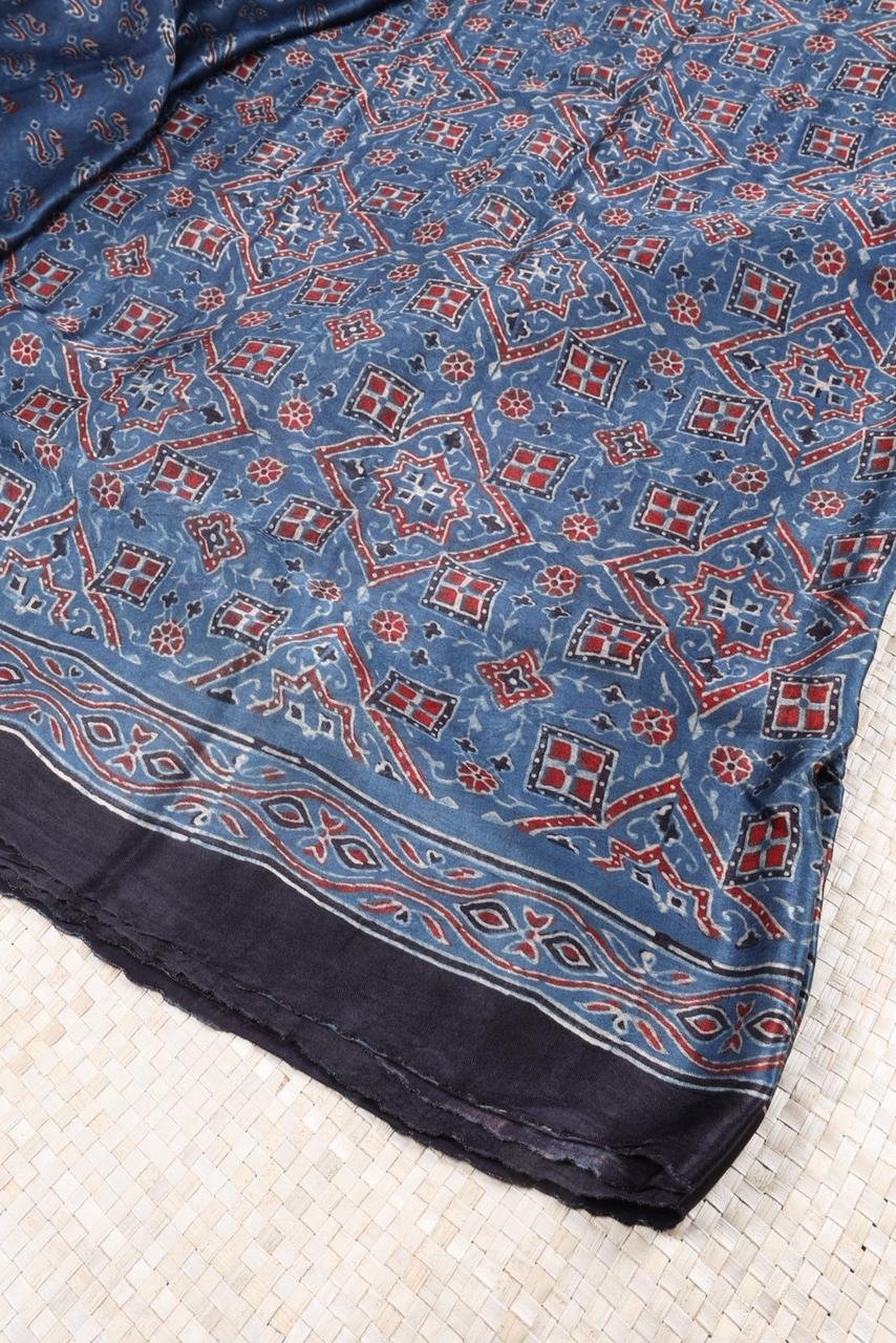 Deep Teal & Charcoal Ajrakh Hand-Block Print Saree with Contrast Border