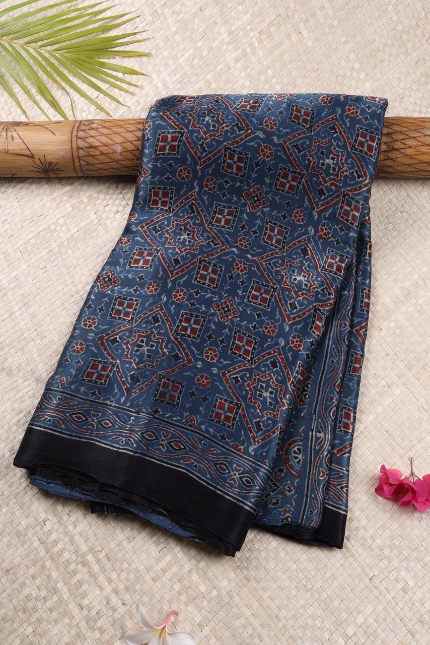 Deep Teal & Charcoal Ajrakh Hand-Block Print Saree with Contrast Border