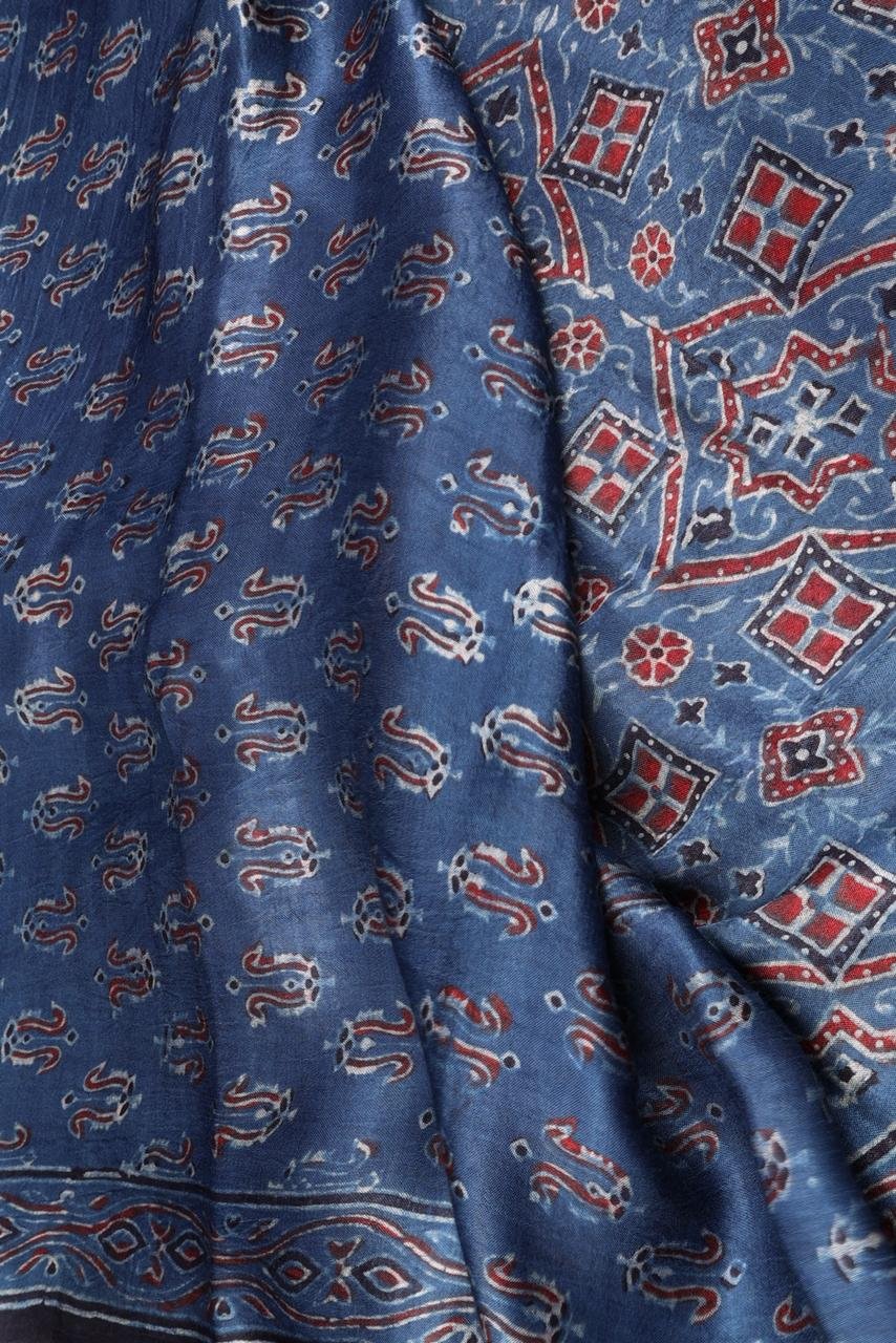 Deep Teal & Charcoal Ajrakh Hand-Block Print Saree with Contrast Border