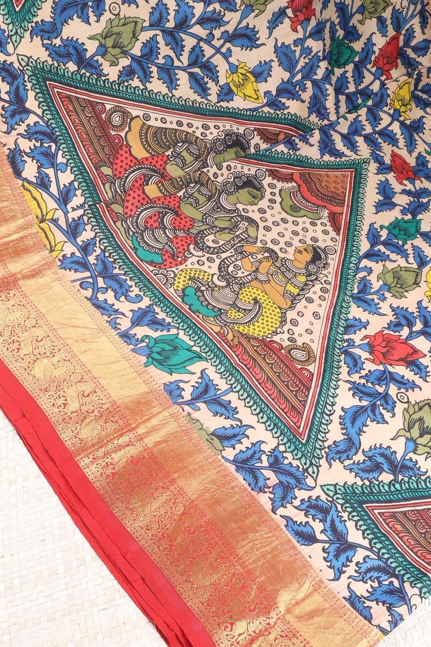 Light sandal-colored base adorned with authentic hand painted Pen Kalamkari