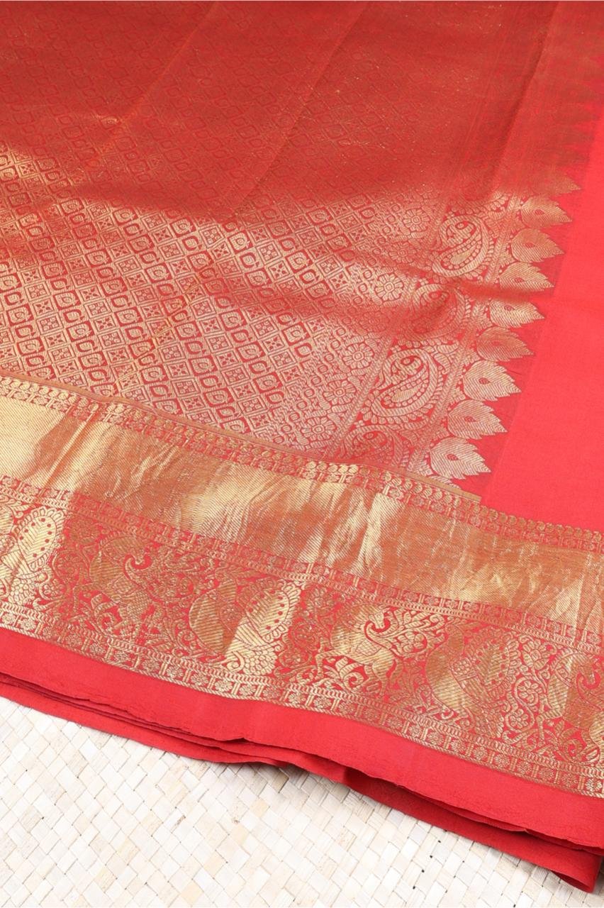 Light sandal-colored base adorned with authentic hand painted Pen Kalamkari