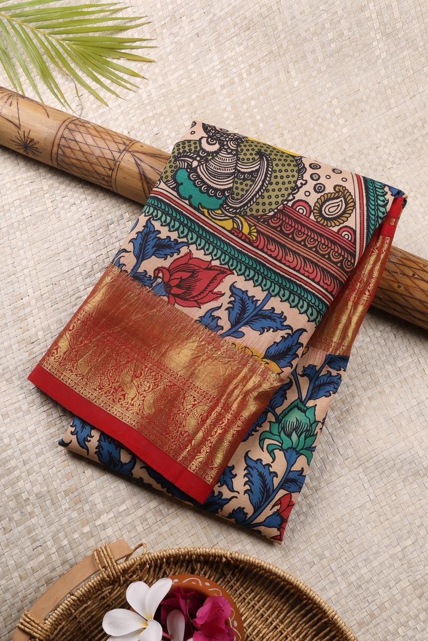 Light sandal-colored base adorned with authentic hand painted Pen Kalamkari