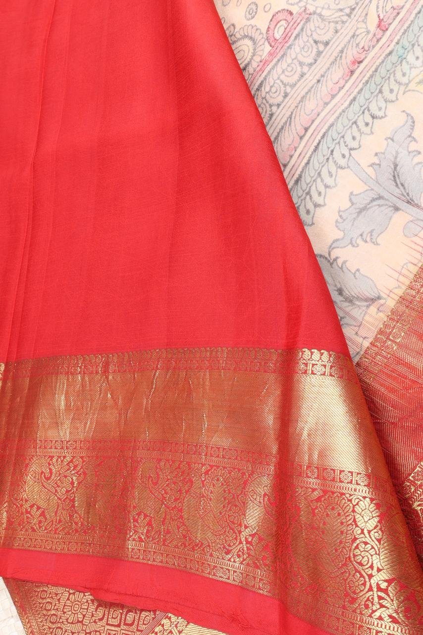 Light sandal-colored base adorned with authentic hand painted Pen Kalamkari