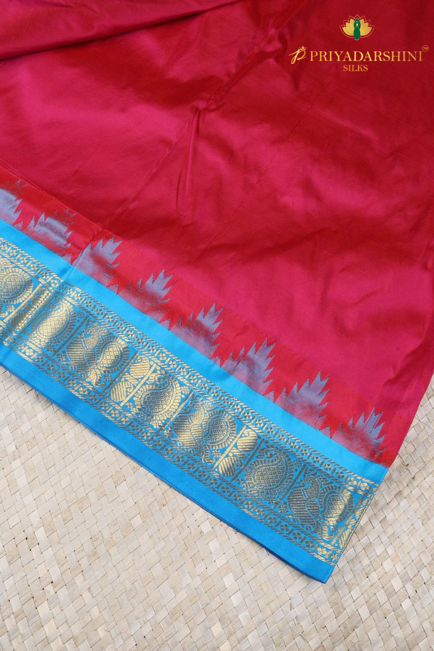 Magenta Pure Kanchipuram Silk Saree with Green & Blue Ganga Jamuna Temple Border | Priyadharshini Silks