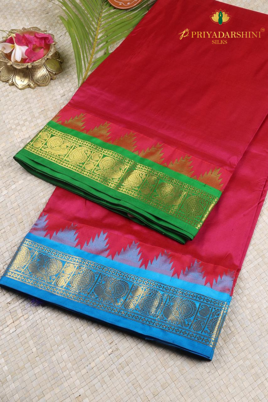 Magenta Pure Kanchipuram Silk Saree with Green & Blue Ganga Jamuna Temple Border | Priyadharshini Silks