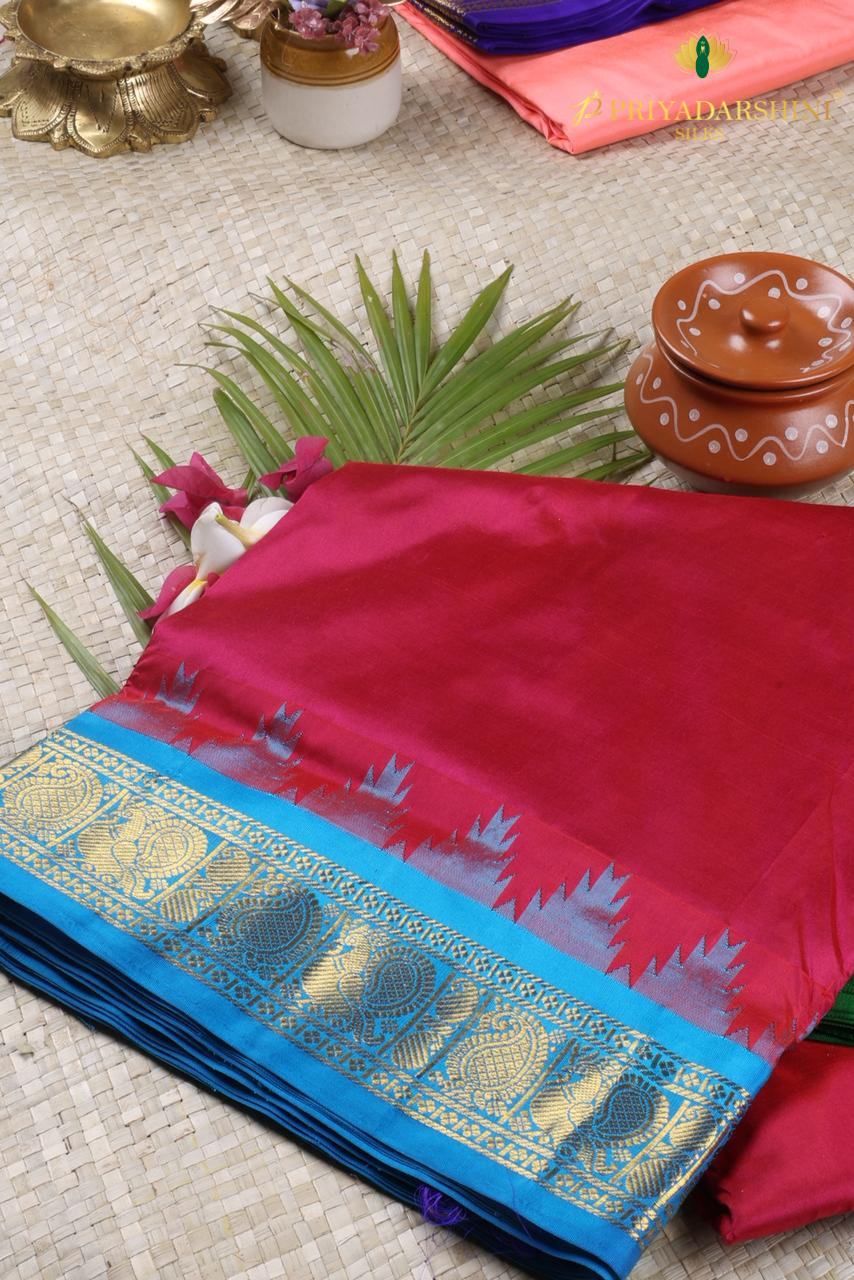 Magenta Pure Kanchipuram Silk Saree with Green & Blue Ganga Jamuna Temple Border | Priyadharshini Silks